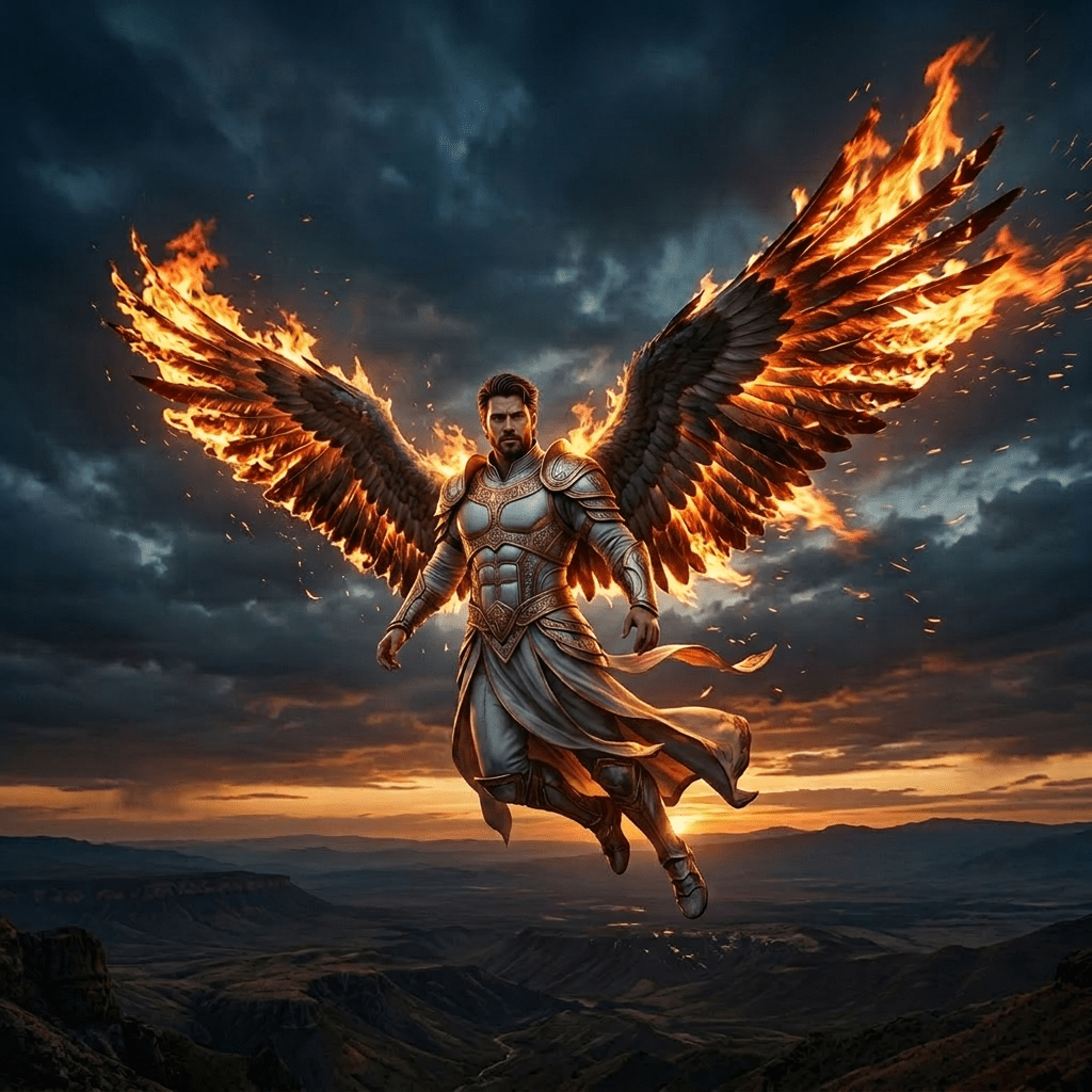 Armored female warrior with flaming wings flying over mountains at sunset