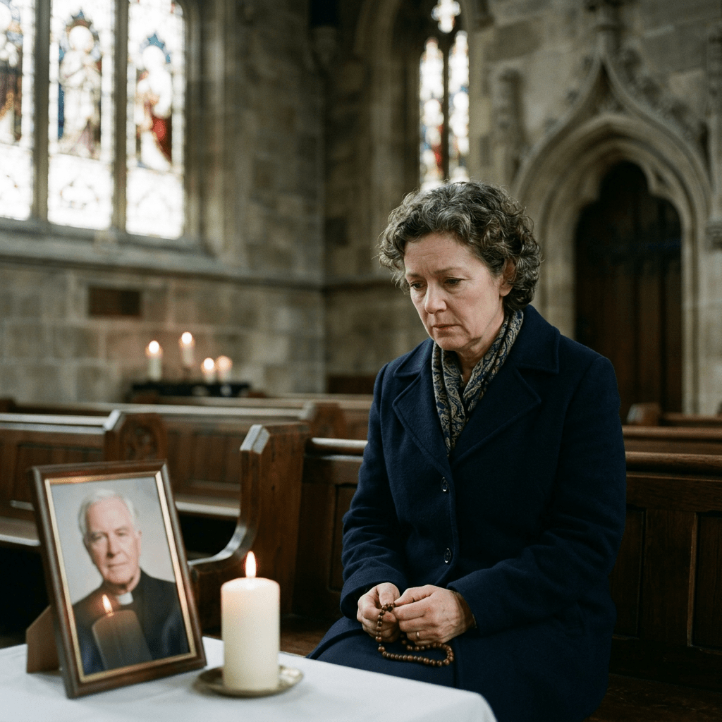 Woman sitting in church with rosary beads next to framed photo and lit candle