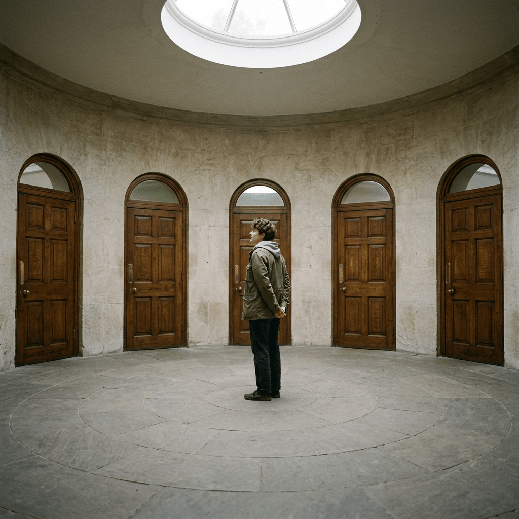 Person standing in circular room with five wooden doors
