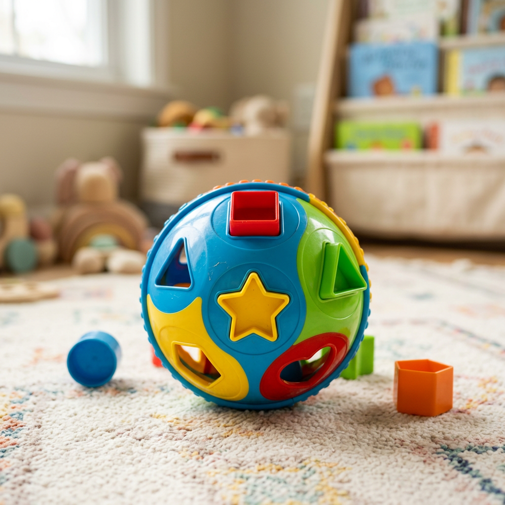 Colorful plastic ball with various shaped holes and matching shapes for sorting