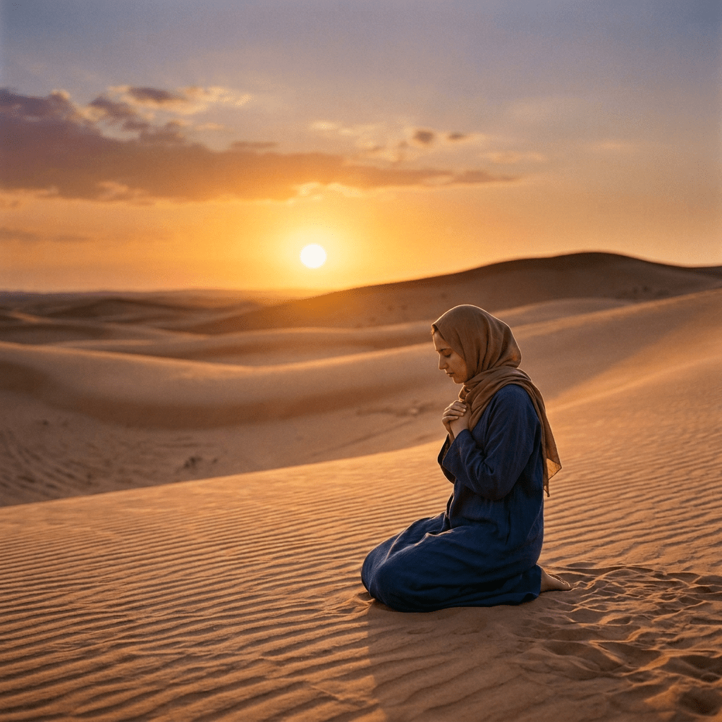 Woman kneeling on prayer rug in desert during sunset