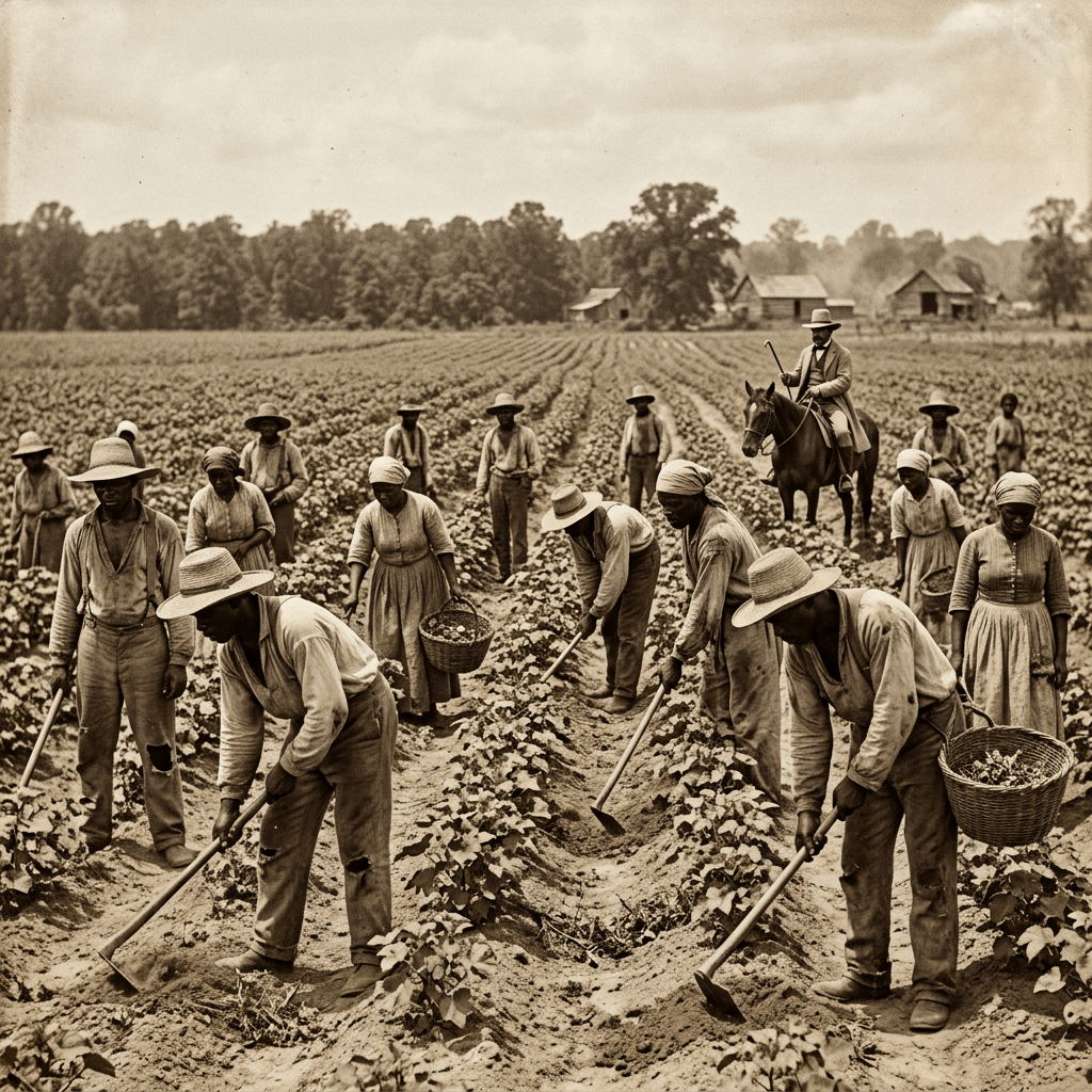 African American laborers cultivating cotton plants in rows on a plantation with overseer on horseback