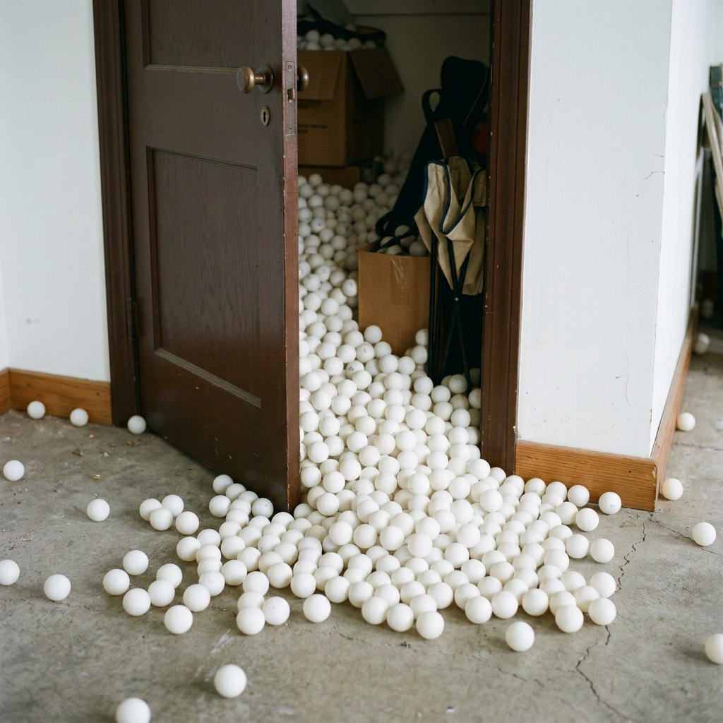 Orange and white play balls spilling from an open storage closet