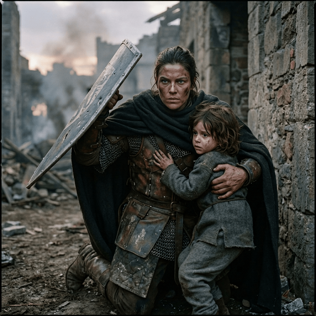Armored warrior shielding a child with a raised wooden shield amid ruins
