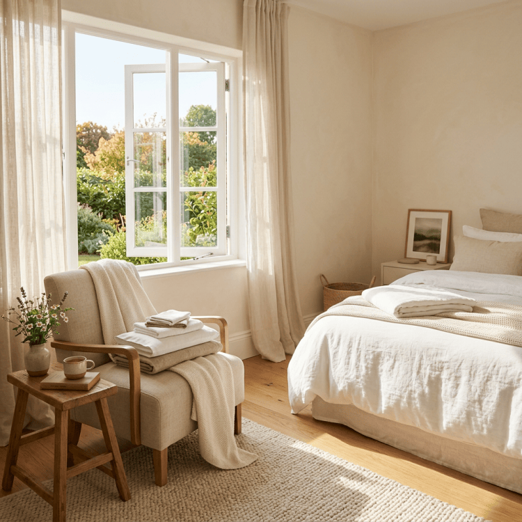 Sunlit bedroom with open window, garden view, armchair, towels, and white bedding