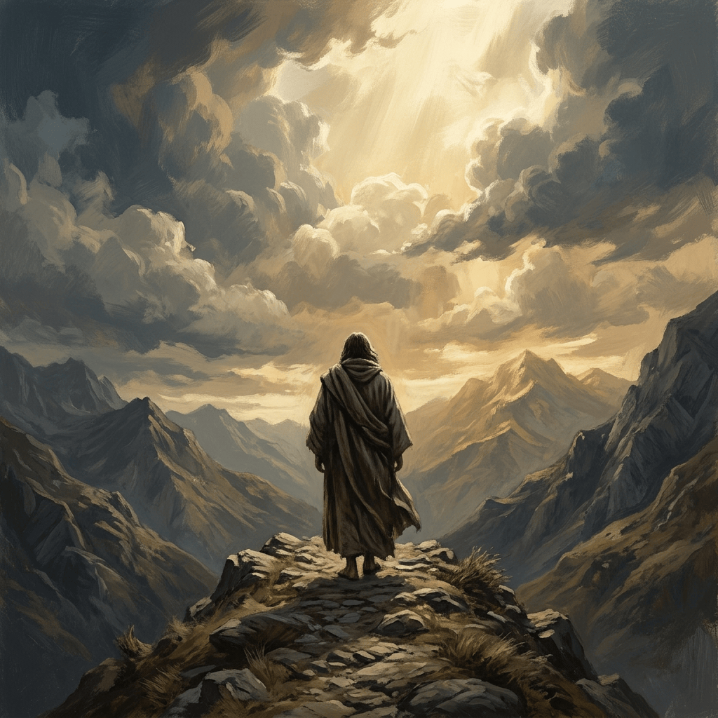 Cloaked traveler overlooking a mountain valley beneath sunlit storm clouds