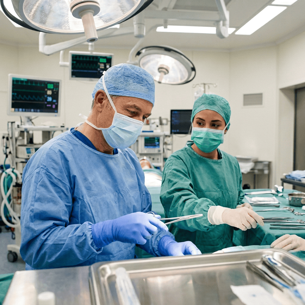 Masked surgical team preparing instruments beside operating table