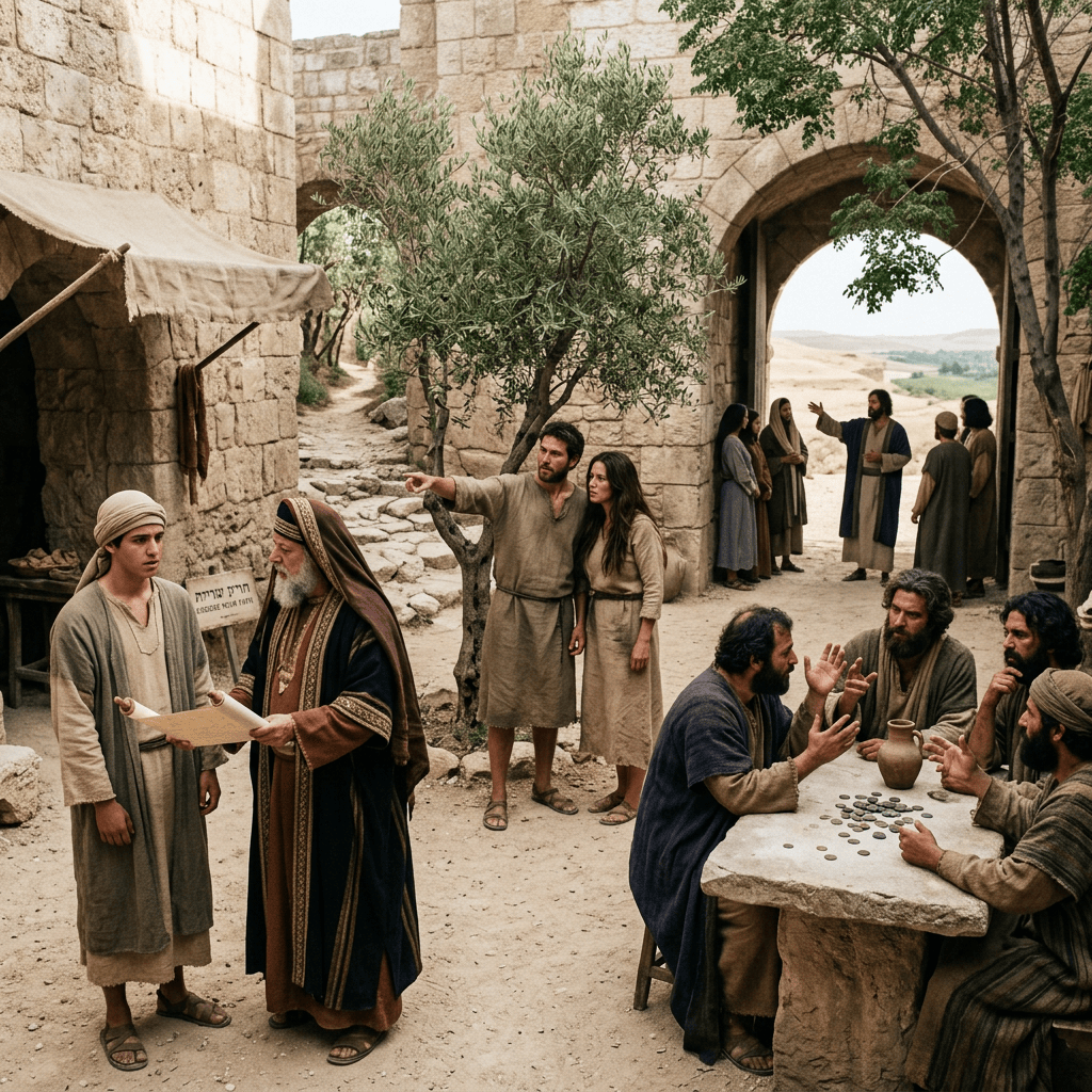 People gathering in an ancient stone marketplace beneath a city gate